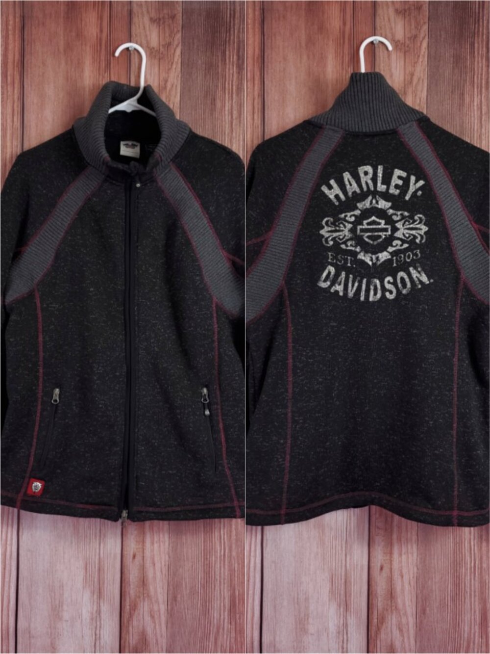 Harley Davidson Fleece Jacket Womens XL Graphic Graphic Thumbholes Black Gray